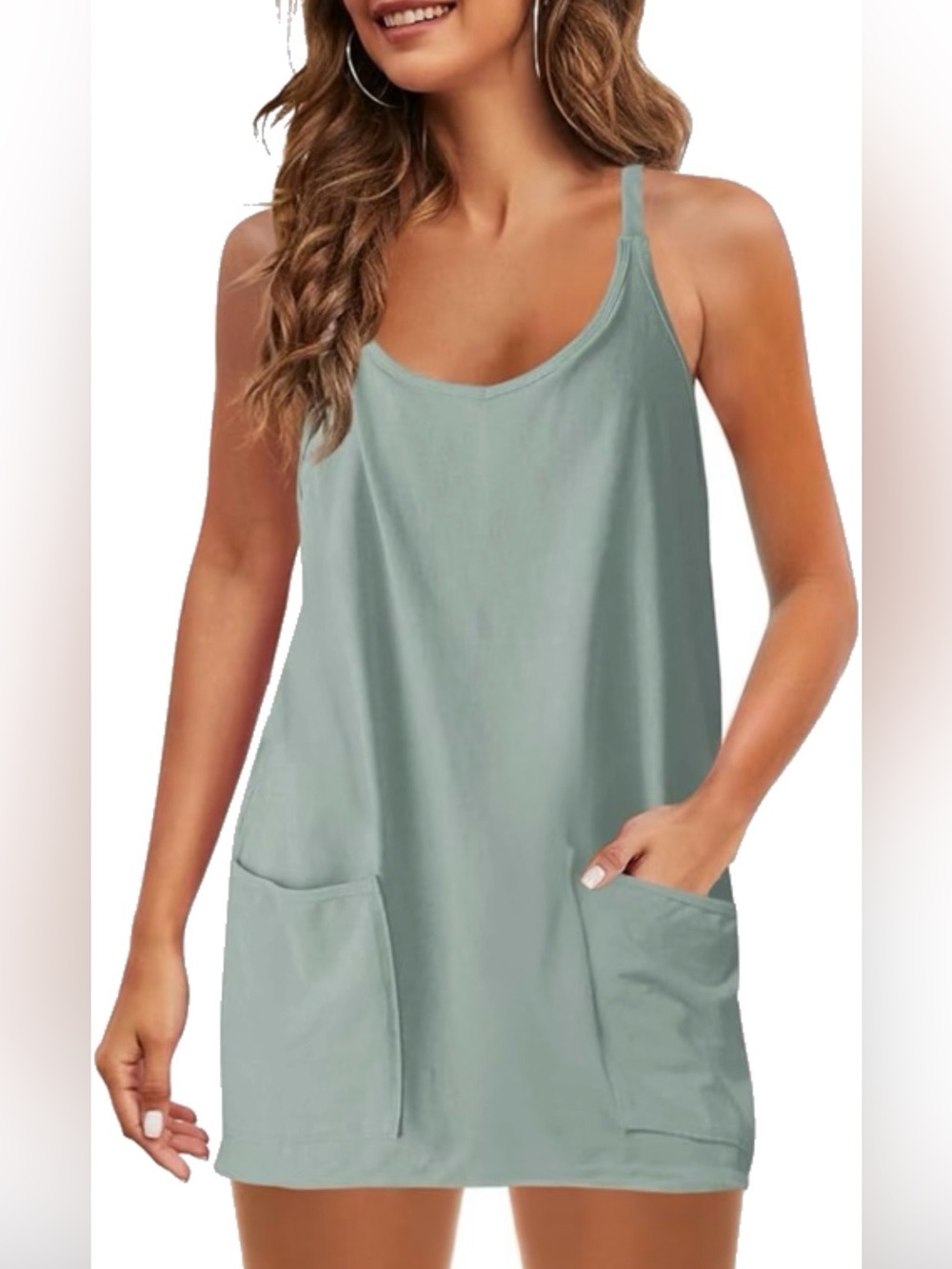 Sage Green Spaghetti Strap Pocket Dress with shorts